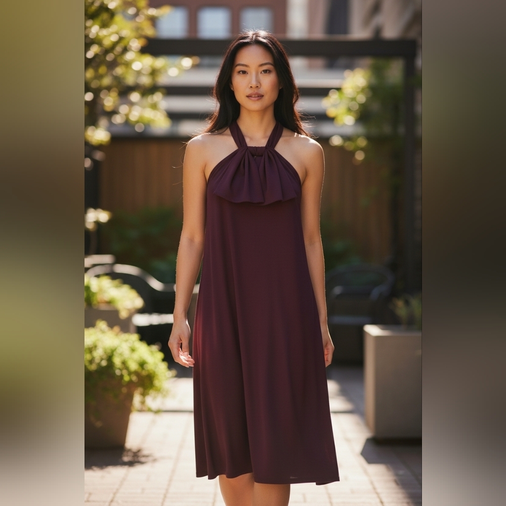 Merona Eggplant Halter Dress Bare Shoulder Classic Bow Barbiecore Formal New